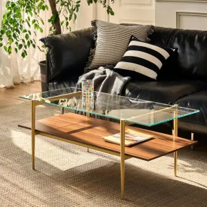 Saint Mossi Tadio Glass Coffee Table, Clear Double Layer Glass Coffee Table for Living Room, Clear Glass & Coffee Brown Bottom Shelf