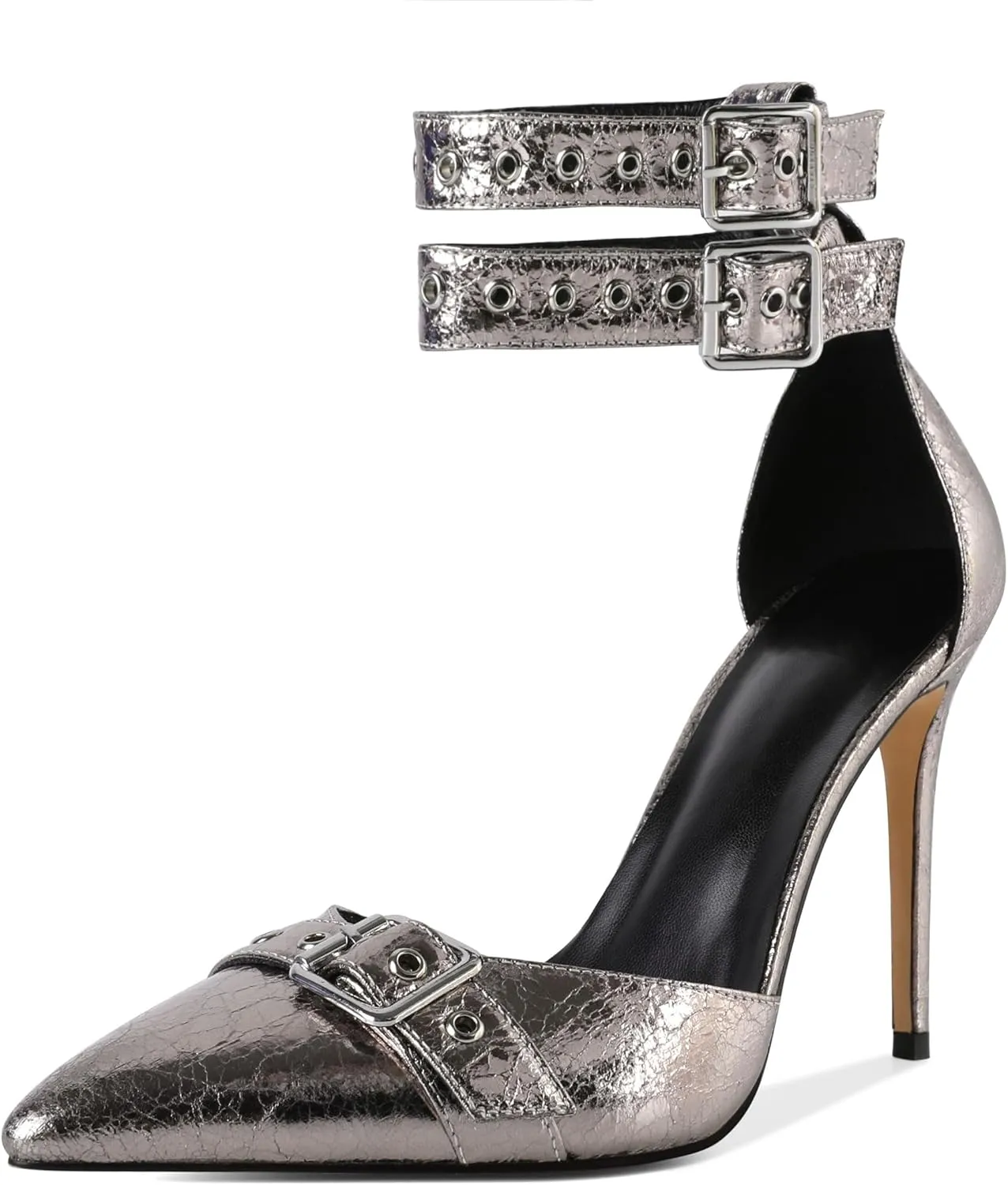 SAMMITOP Womens Pointed Toe D'Orsay Pumps Stilettos High Heel Ankle Strap Buckle Metal Eyelet Wedding Party Dress Shoes 4 Inch