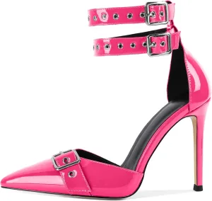 SAMMITOP Womens Pointed Toe D'Orsay Pumps Stilettos High Heel Ankle Strap Buckle Metal Eyelet Wedding Party Dress Shoes 4 Inch