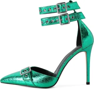 SAMMITOP Womens Pointed Toe D'Orsay Pumps Stilettos High Heel Ankle Strap Buckle Metal Eyelet Wedding Party Dress Shoes 4 Inch