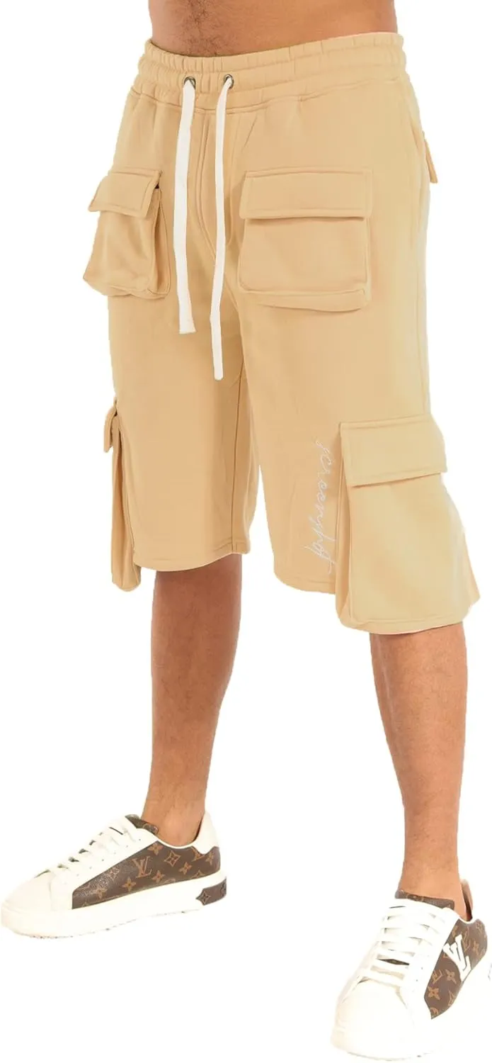 SCREENSHOT Mens Urban NYC Hip Hop Utility Fit Premium Fleece Shorts - Varsity Street Fashion SweatShorts Ribbed Wasteband
