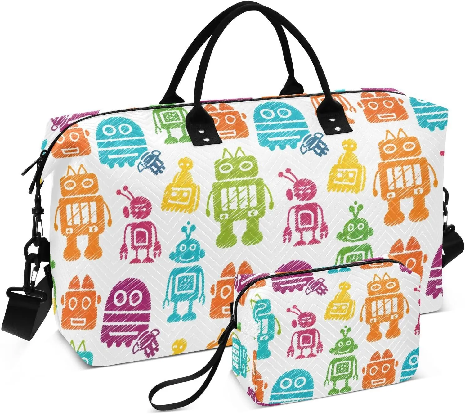 Scribble Robot Character White Sports Gym Bag for Women Men Travel Duffel Bag Weekend Overnight Carry on Bag with Toiletry Bag Hospital Bag for Workout Swimming Yoga Plane