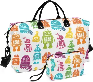 Scribble Robot Character White Sports Gym Bag for Women Men Travel Duffel Bag Weekend Overnight Carry on Bag with Toiletry Bag Hospital Bag for Workout Swimming Yoga Plane