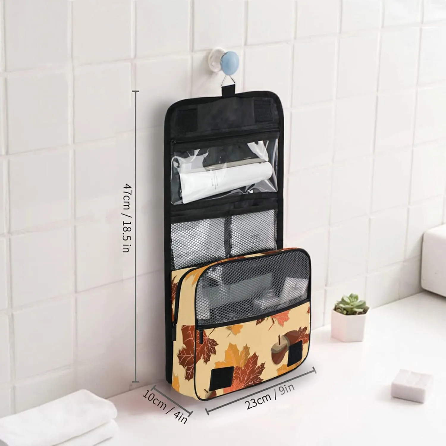 Seamless Autumn Falling Leaves with Acorns Hanging Wash Gargle Toiletry Bag Travel Cosmetic Makeup Case Organizer Storage Large Portable
