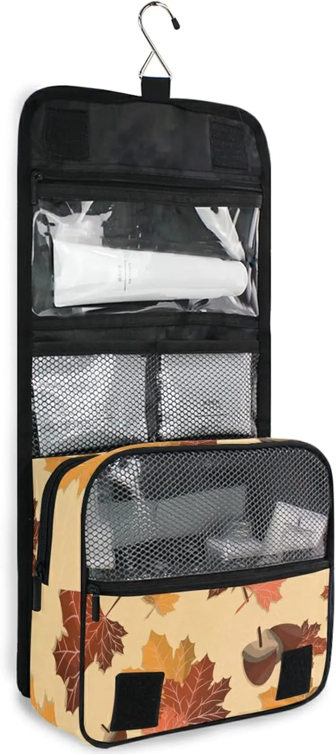 Seamless Autumn Falling Leaves with Acorns Hanging Wash Gargle Toiletry Bag Travel Cosmetic Makeup Case Organizer Storage Large Portable