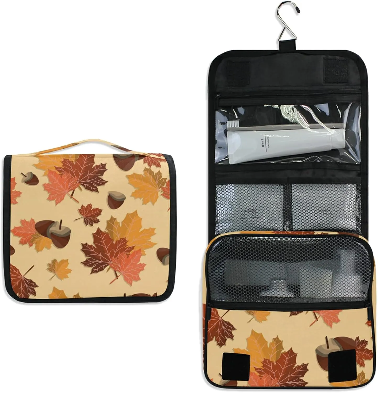 Seamless Autumn Falling Leaves with Acorns Hanging Wash Gargle Toiletry Bag Travel Cosmetic Makeup Case Organizer Storage Large Portable