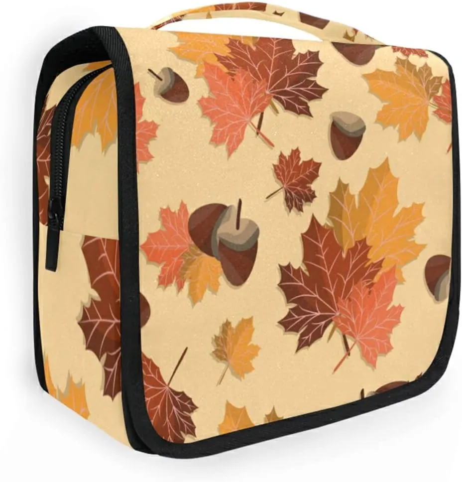Seamless Autumn Falling Leaves with Acorns Hanging Wash Gargle Toiletry Bag Travel Cosmetic Makeup Case Organizer Storage Large Portable