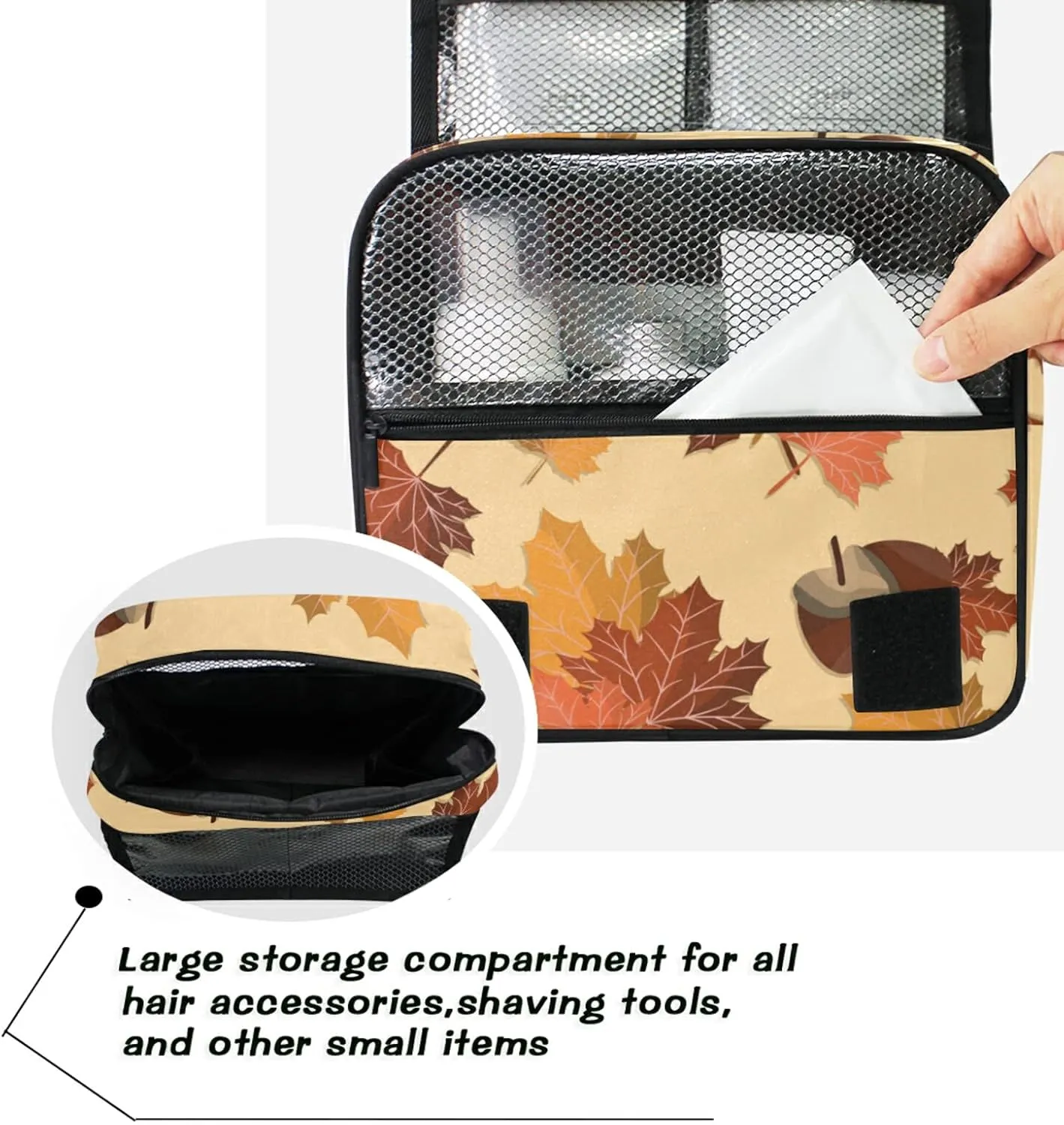 Seamless Autumn Falling Leaves with Acorns Hanging Wash Gargle Toiletry Bag Travel Cosmetic Makeup Case Organizer Storage Large Portable