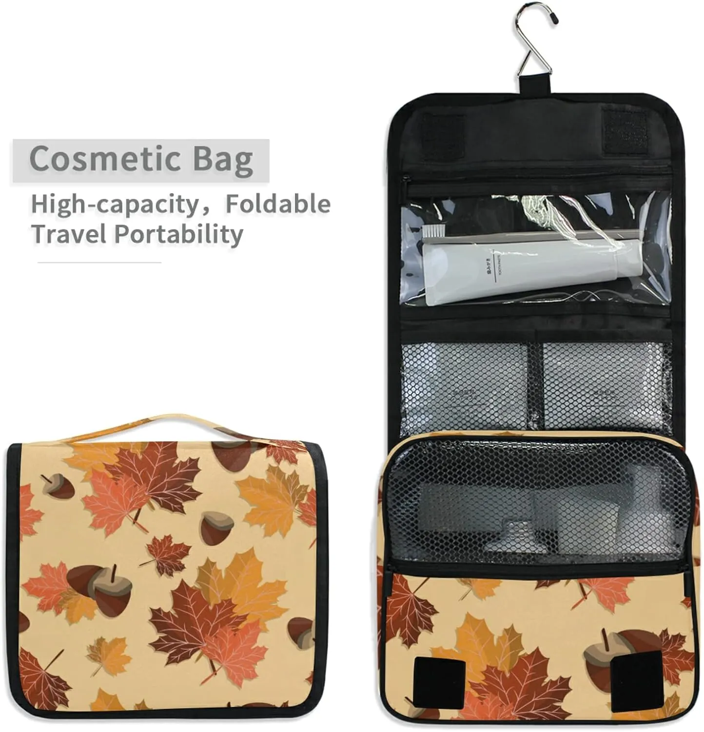 Seamless Autumn Falling Leaves with Acorns Hanging Wash Gargle Toiletry Bag Travel Cosmetic Makeup Case Organizer Storage Large Portable