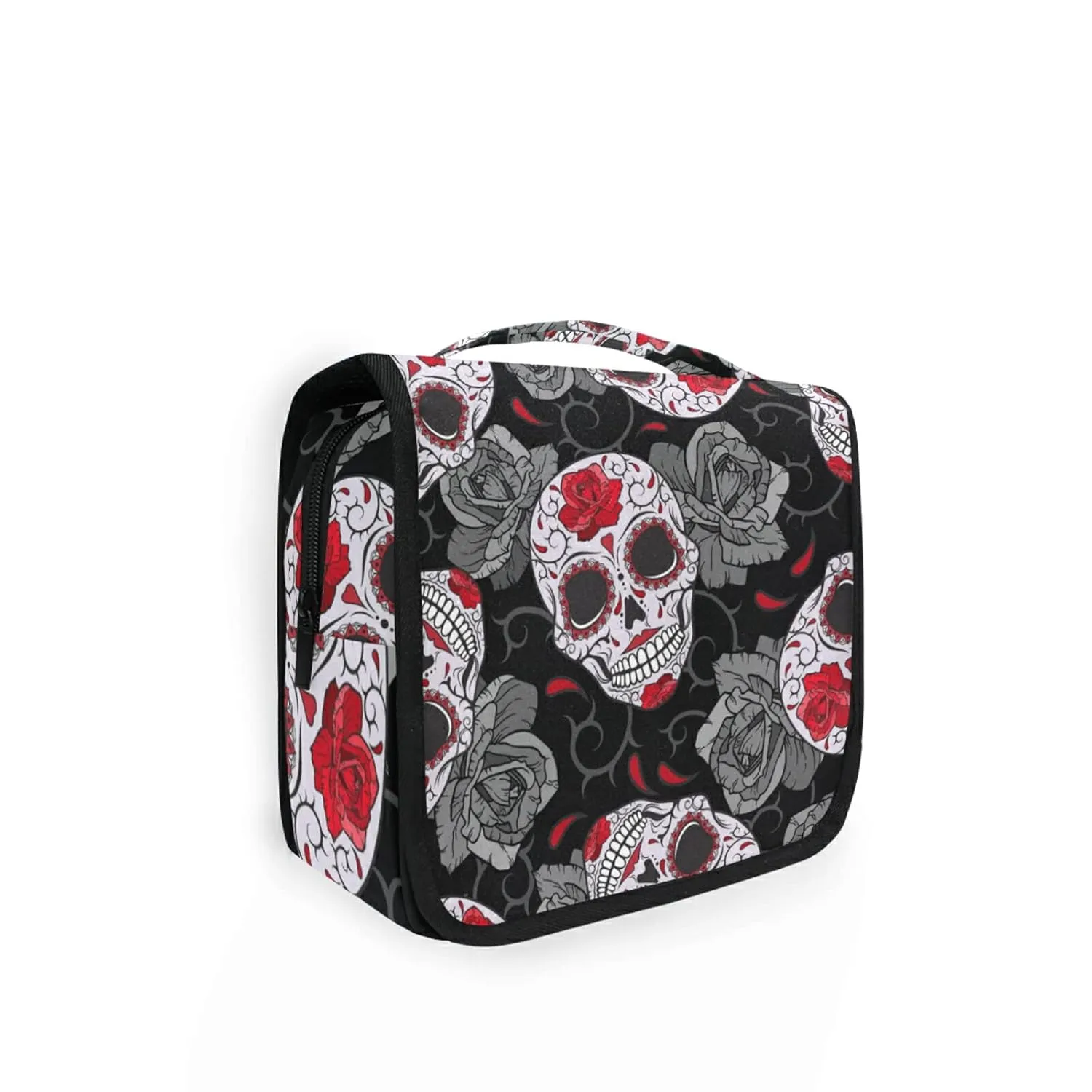 Seamless Gothic Sugar Skulls with Red Roses, Grey Roses Thorns Travel Cosmetic Bag, Hanging Toiletry Wash bag, Portable Makeup Organizer Brush Case, Storage Bag with Hook for Bathroom Toilet