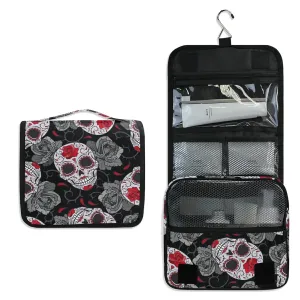Seamless Gothic Sugar Skulls with Red Roses, Grey Roses Thorns Travel Cosmetic Bag, Hanging Toiletry Wash bag, Portable Makeup Organizer Brush Case, Storage Bag with Hook for Bathroom Toilet