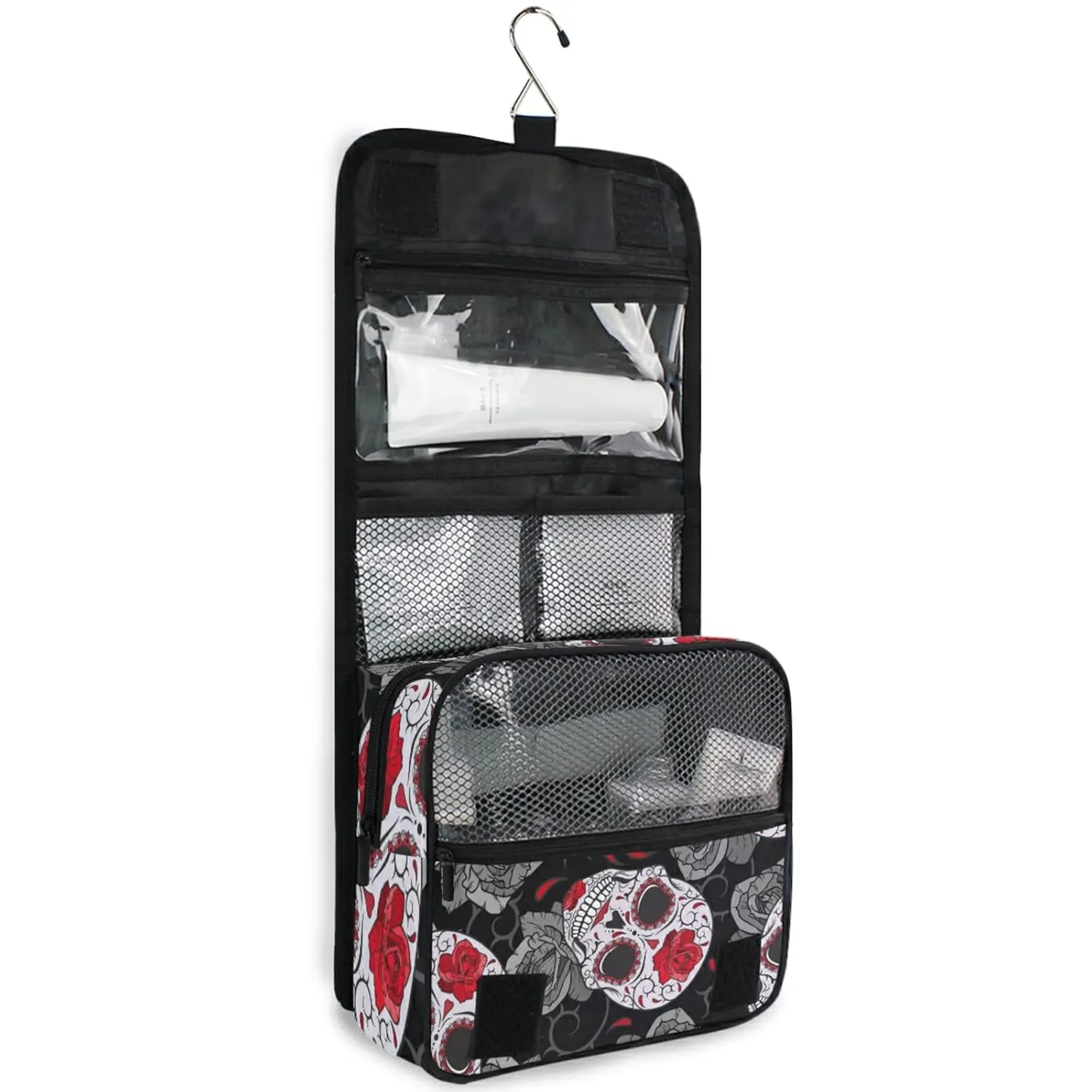Seamless Gothic Sugar Skulls with Red Roses, Grey Roses Thorns Travel Cosmetic Bag, Hanging Toiletry Wash bag, Portable Makeup Organizer Brush Case, Storage Bag with Hook for Bathroom Toilet