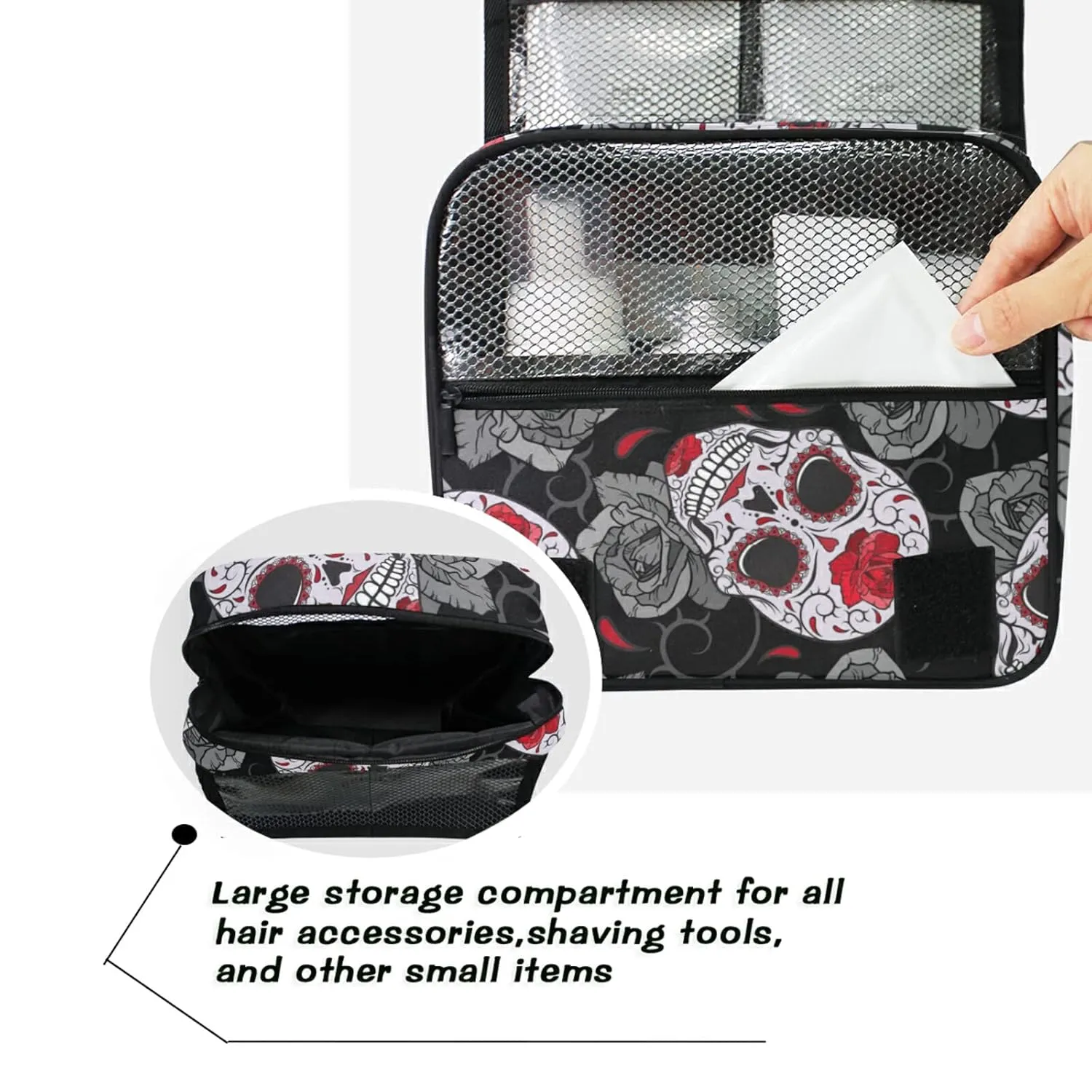 Seamless Gothic Sugar Skulls with Red Roses, Grey Roses Thorns Travel Cosmetic Bag, Hanging Toiletry Wash bag, Portable Makeup Organizer Brush Case, Storage Bag with Hook for Bathroom Toilet