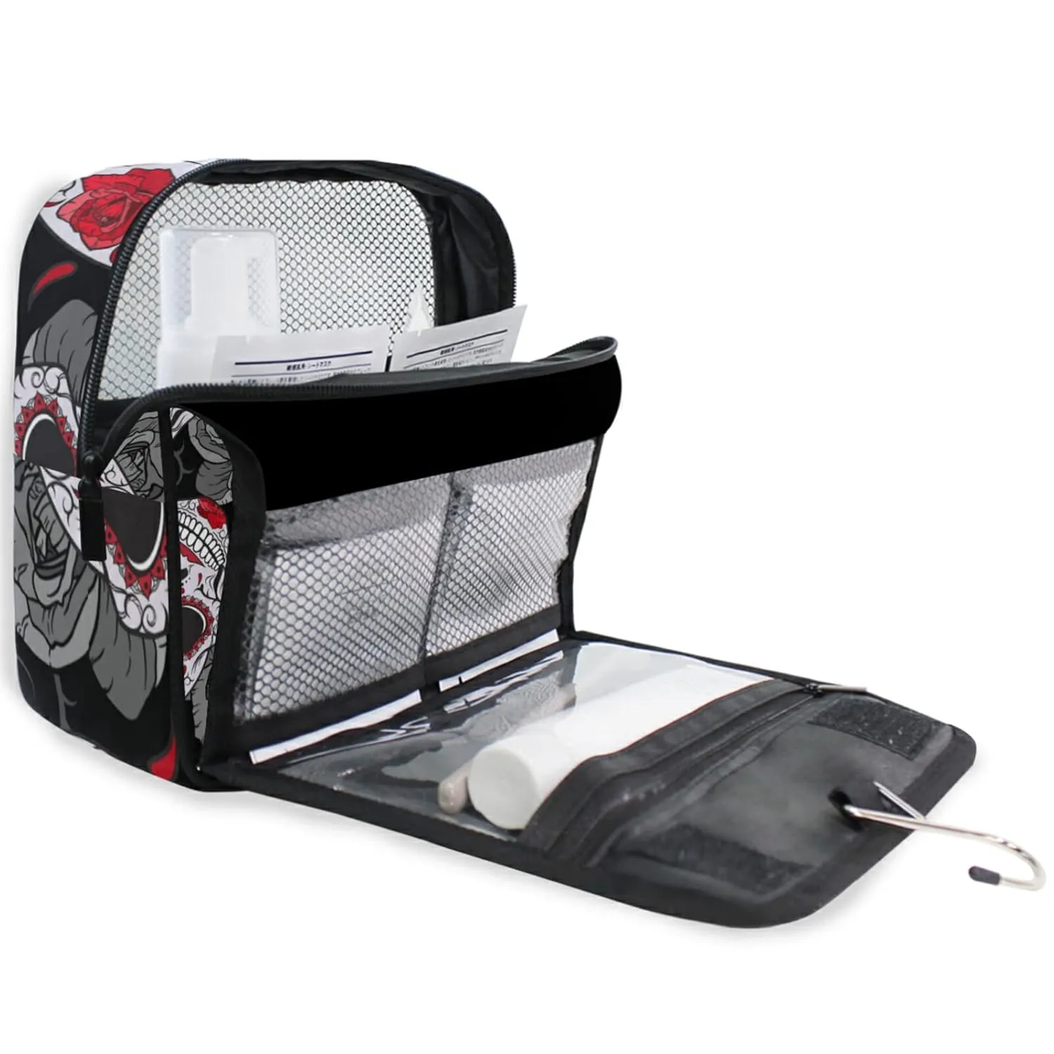 Seamless Gothic Sugar Skulls with Red Roses, Grey Roses Thorns Travel Cosmetic Bag, Hanging Toiletry Wash bag, Portable Makeup Organizer Brush Case, Storage Bag with Hook for Bathroom Toilet