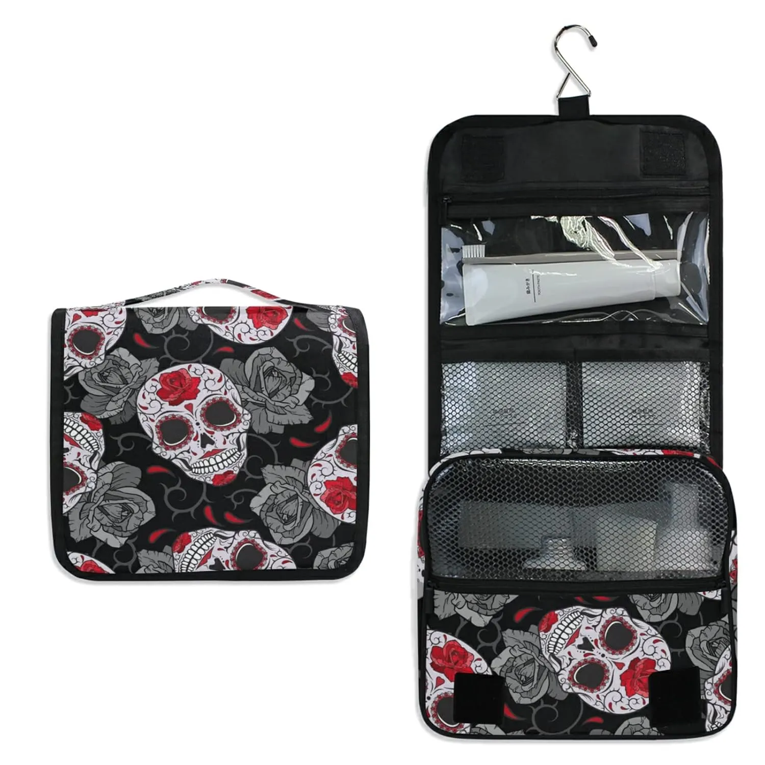 Seamless Gothic Sugar Skulls with Red Roses, Grey Roses Thorns Travel Cosmetic Bag, Hanging Toiletry Wash bag, Portable Makeup Organizer Brush Case, Storage Bag with Hook for Bathroom Toilet