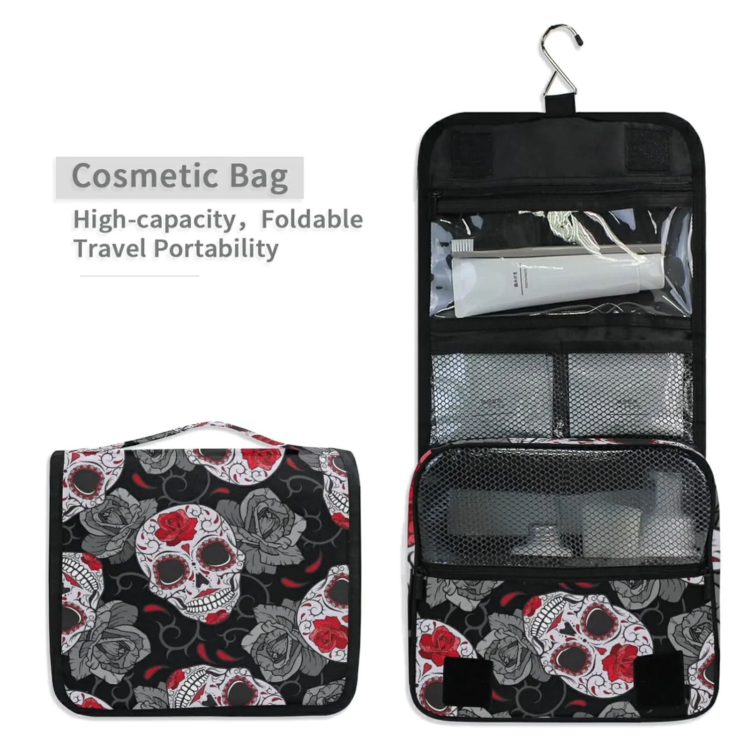Seamless Gothic Sugar Skulls with Red Roses, Grey Roses Thorns Travel Cosmetic Bag, Hanging Toiletry Wash bag, Portable Makeup Organizer Brush Case, Storage Bag with Hook for Bathroom Toilet