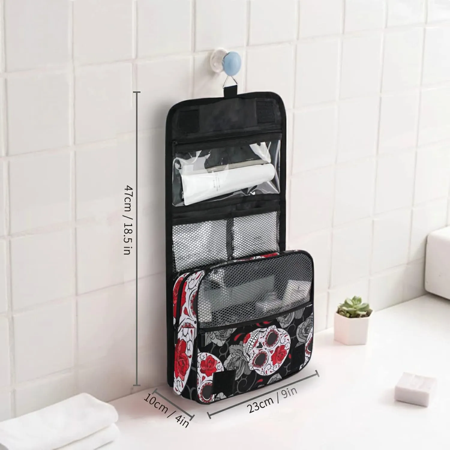 Seamless Gothic Sugar Skulls with Red Roses, Grey Roses Thorns Travel Cosmetic Bag, Hanging Toiletry Wash bag, Portable Makeup Organizer Brush Case, Storage Bag with Hook for Bathroom Toilet