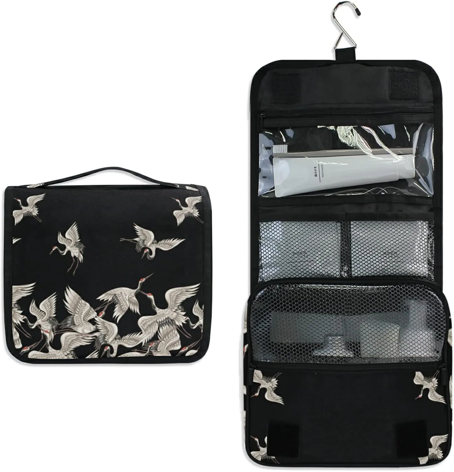 Seamless Japanese White Cranes Flying on Black Dark Hanging Wash Gargle Toiletry Bag Travel Cosmetic Makeup Case Organizer Storage Large Portable