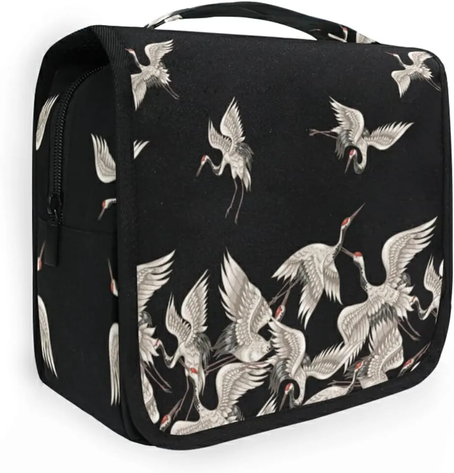 Seamless Japanese White Cranes Flying on Black Dark Hanging Wash Gargle Toiletry Bag Travel Cosmetic Makeup Case Organizer Storage Large Portable
