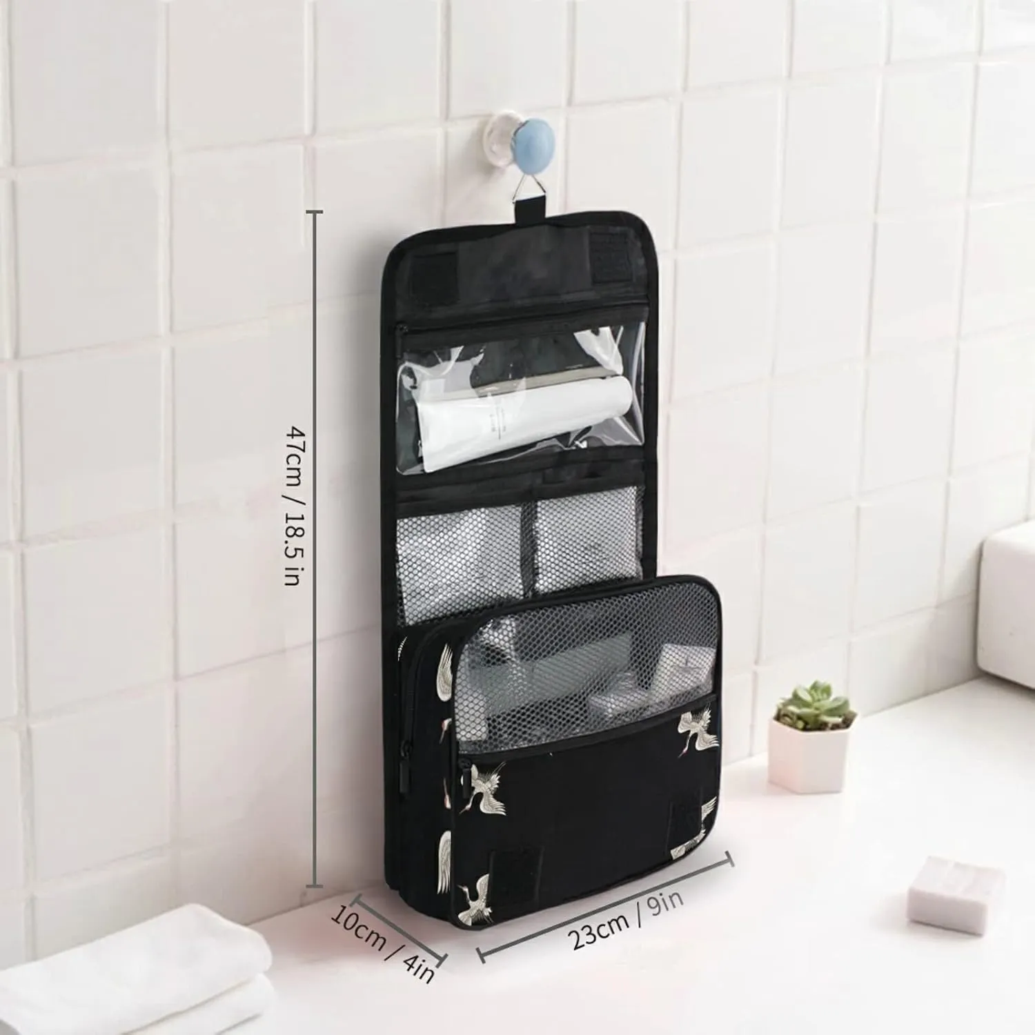 Seamless Japanese White Cranes Flying on Black Dark Hanging Wash Gargle Toiletry Bag Travel Cosmetic Makeup Case Organizer Storage Large Portable