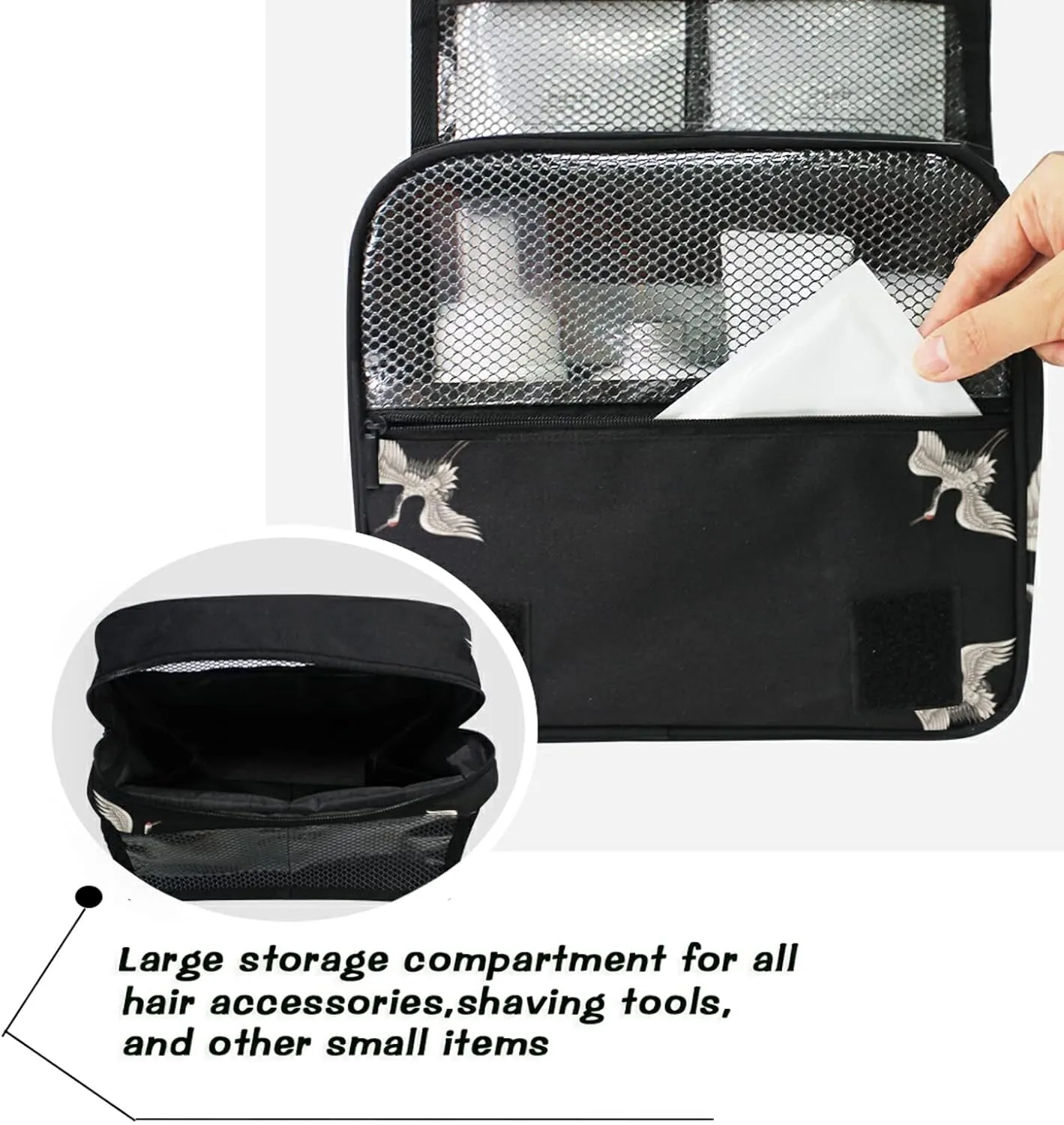 Seamless Japanese White Cranes Flying on Black Dark Hanging Wash Gargle Toiletry Bag Travel Cosmetic Makeup Case Organizer Storage Large Portable