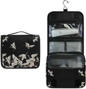 Seamless Japanese White Cranes Flying on Black Dark Hanging Wash Gargle Toiletry Bag Travel Cosmetic Makeup Case Organizer Storage Large Portable