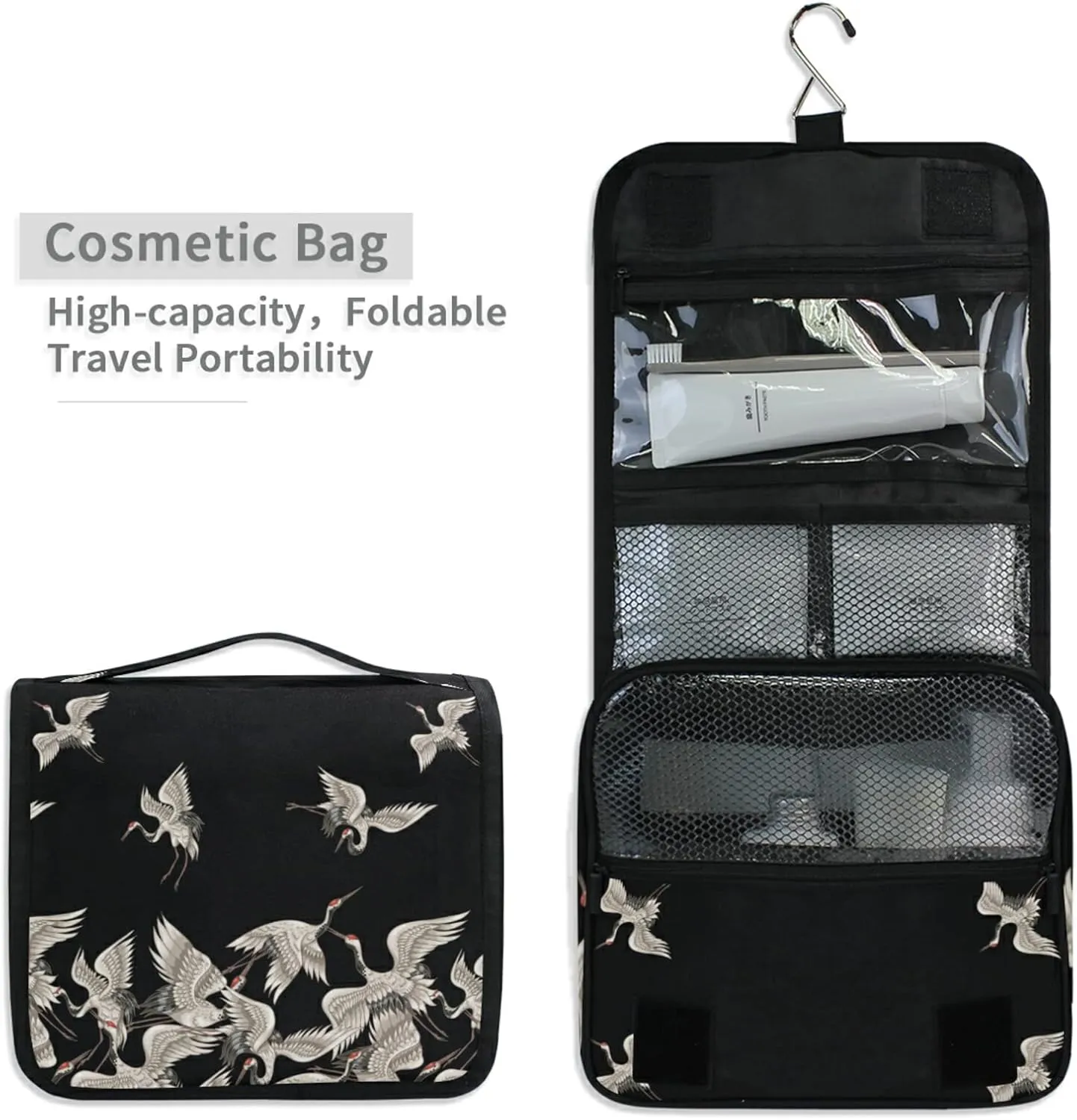 Seamless Japanese White Cranes Flying on Black Dark Hanging Wash Gargle Toiletry Bag Travel Cosmetic Makeup Case Organizer Storage Large Portable