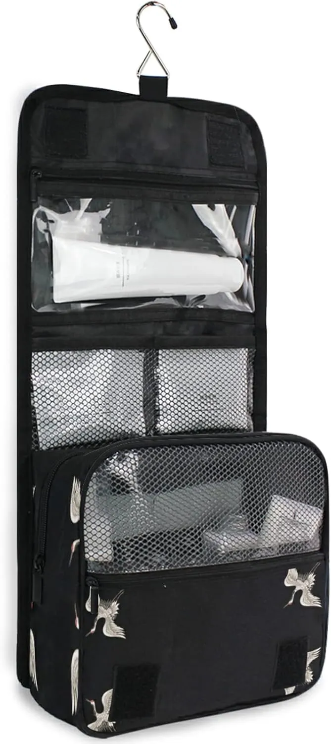 Seamless Japanese White Cranes Flying on Black Dark Hanging Wash Gargle Toiletry Bag Travel Cosmetic Makeup Case Organizer Storage Large Portable
