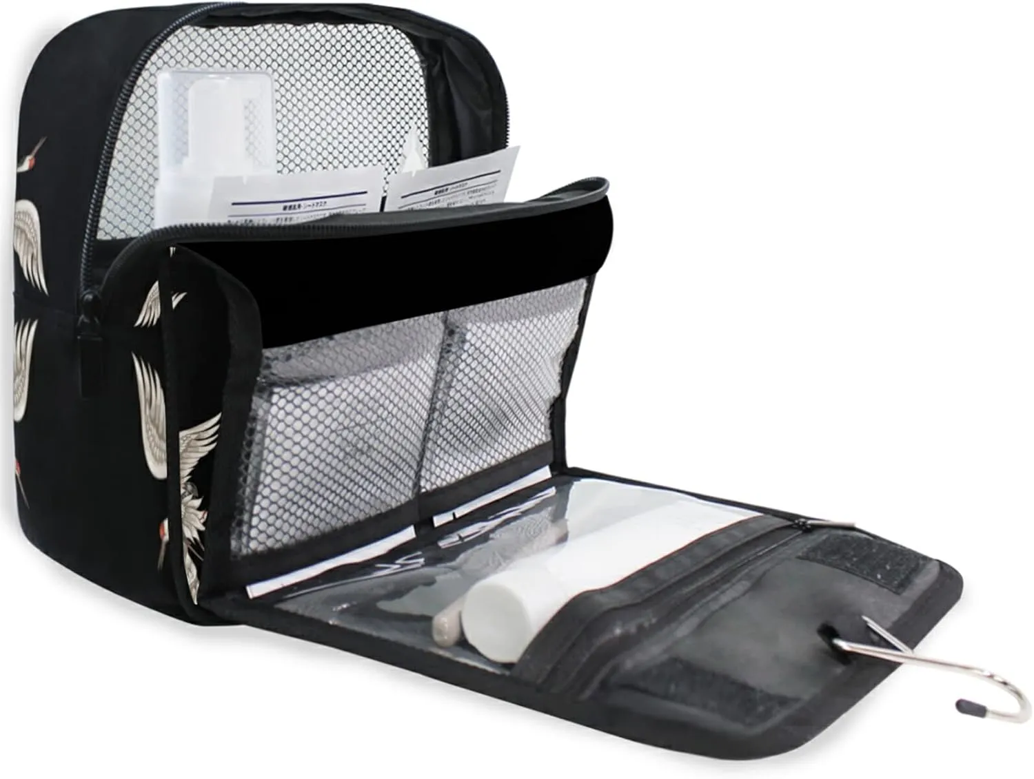 Seamless Japanese White Cranes Flying on Black Dark Hanging Wash Gargle Toiletry Bag Travel Cosmetic Makeup Case Organizer Storage Large Portable