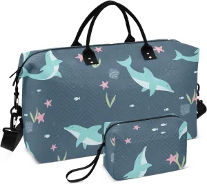 Seaweed Dolphin Green Travel Duffle Bag Duffel Bags Large Weekender Bag Carry On Duffel Bag Gym Bag with Toiletry Bag Garment Duffle Bags for Women Men Adults Airplanes Trip Yoga Sports