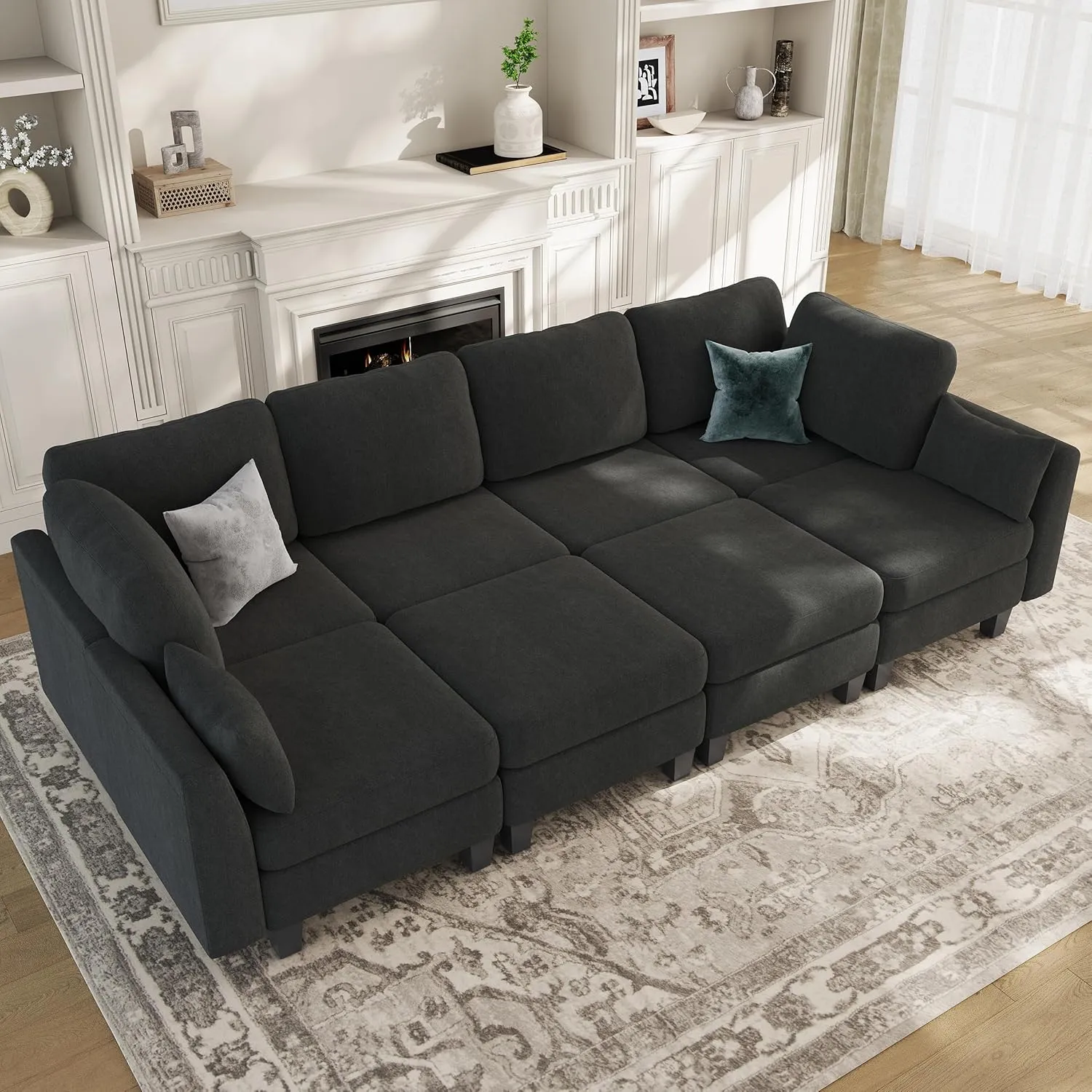 Sectional Sleeper Sofa, 8 Seaters Dark Grey Modular Sleeper Sofa Couch, Comfy Sectionals Couches Bed, Convertible Sofas with Ottomans, Modular Sectional Couches for Living Room