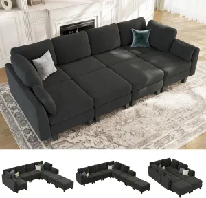 Sectional Sleeper Sofa, 8 Seaters Dark Grey Modular Sleeper Sofa Couch, Comfy Sectionals Couches Bed, Convertible Sofas with Ottomans, Modular Sectional Couches for Living Room