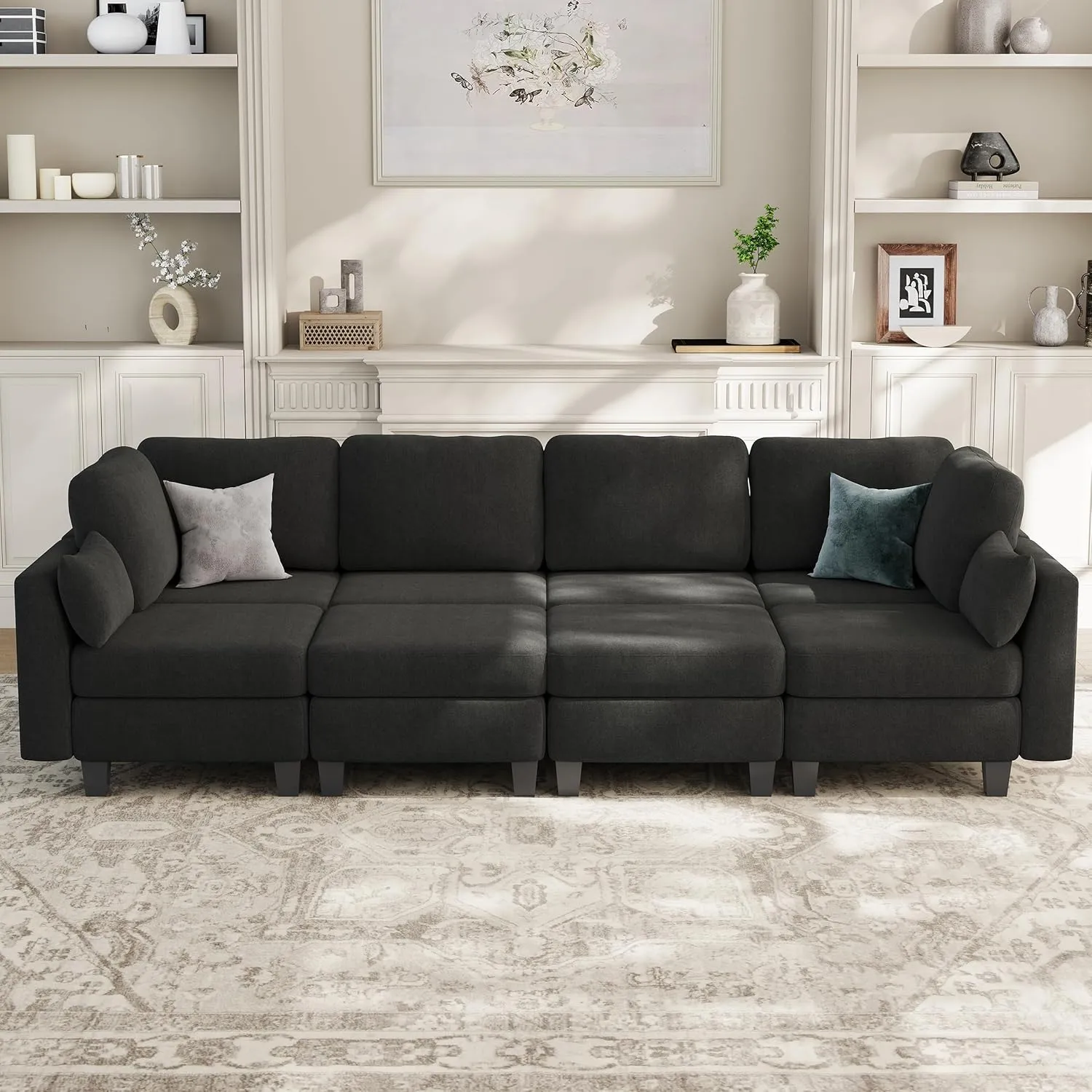 Sectional Sleeper Sofa, 8 Seaters Dark Grey Modular Sleeper Sofa Couch, Comfy Sectionals Couches Bed, Convertible Sofas with Ottomans, Modular Sectional Couches for Living Room