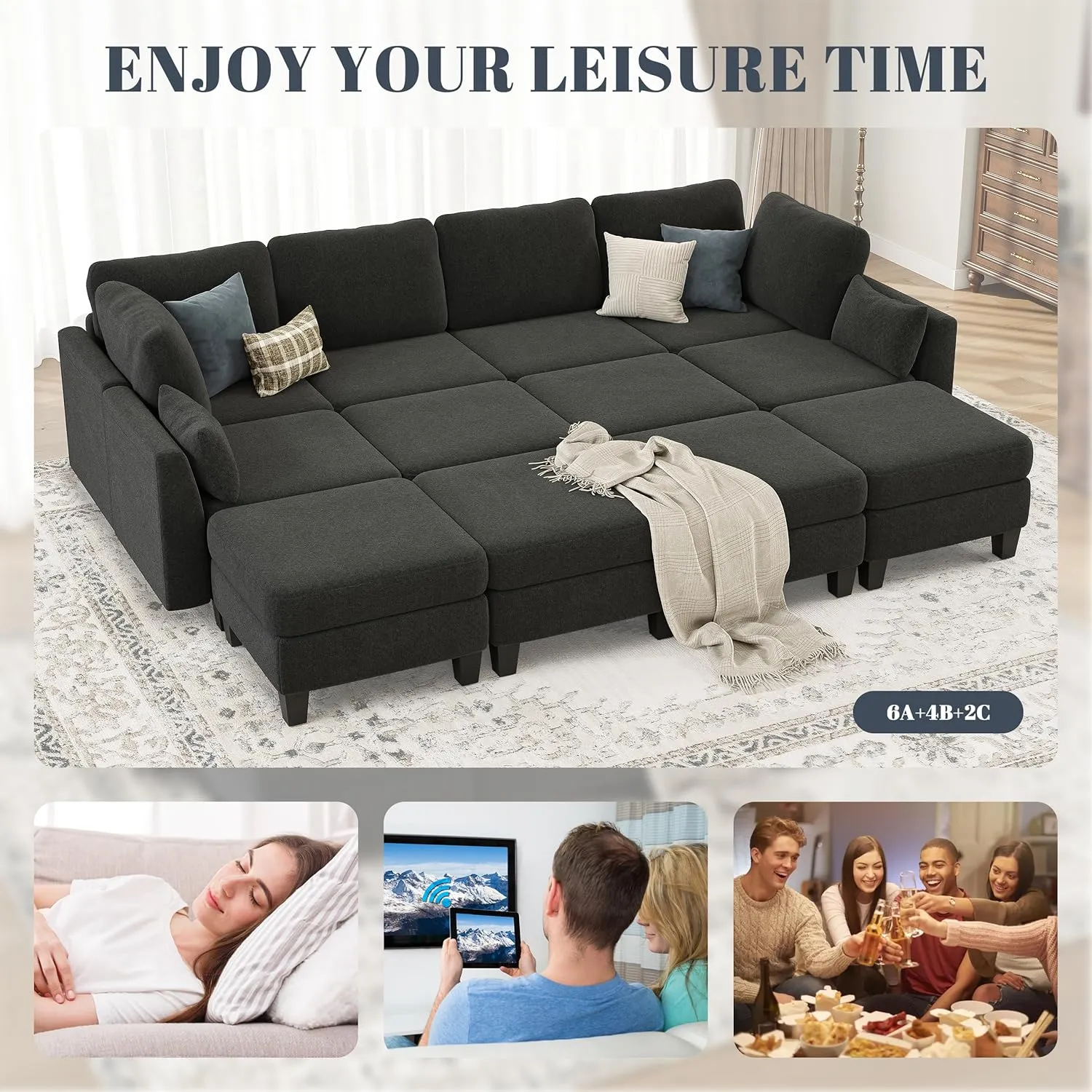 Sectional Sleeper Sofa, 8 Seaters Dark Grey Modular Sleeper Sofa Couch, Comfy Sectionals Couches Bed, Convertible Sofas with Ottomans, Modular Sectional Couches for Living Room