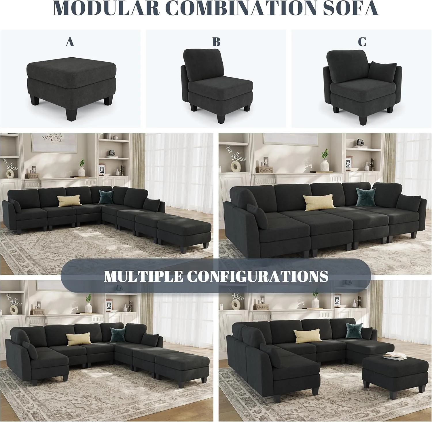 Sectional Sleeper Sofa, 8 Seaters Dark Grey Modular Sleeper Sofa Couch, Comfy Sectionals Couches Bed, Convertible Sofas with Ottomans, Modular Sectional Couches for Living Room