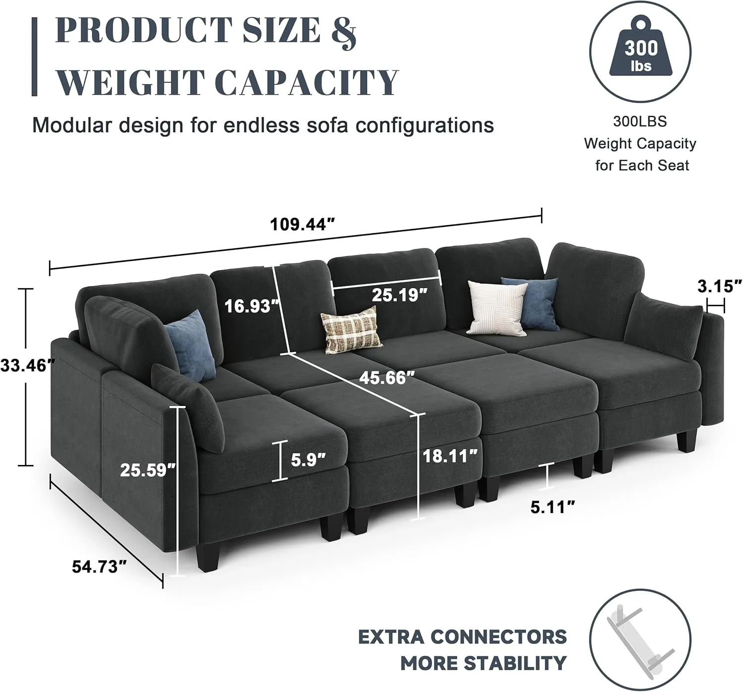 Sectional Sleeper Sofa, 8 Seaters Dark Grey Modular Sleeper Sofa Couch, Comfy Sectionals Couches Bed, Convertible Sofas with Ottomans, Modular Sectional Couches for Living Room