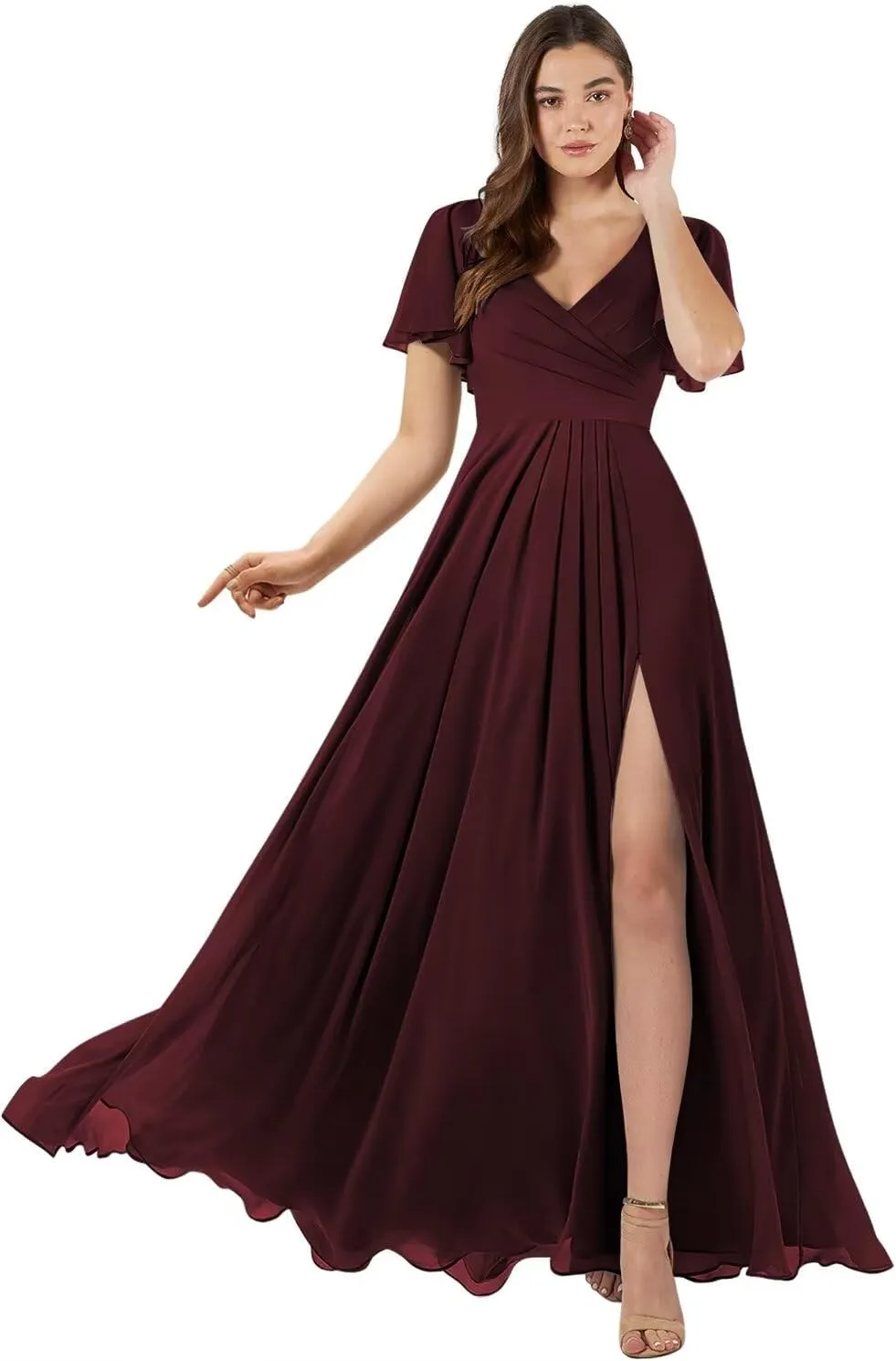 SEIM Women's Flutter Sleeve Bridesmaid Dresses Long with Slit V Neck Chiffon Formal Dresses SE036