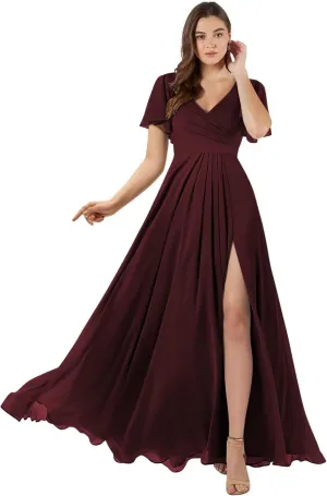 SEIM Women's Flutter Sleeve Bridesmaid Dresses Long with Slit V Neck Chiffon Formal Dresses SE036