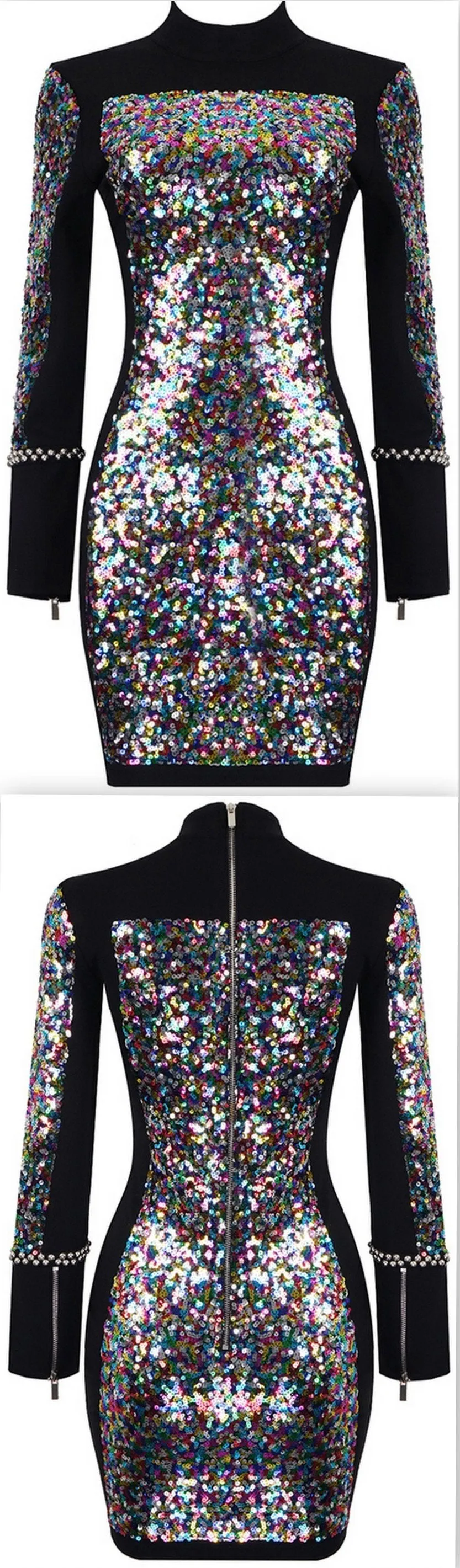 Sequin-Embellished Studded Mini Dress