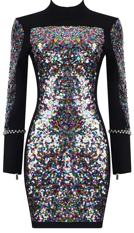 Sequin-Embellished Studded Mini Dress