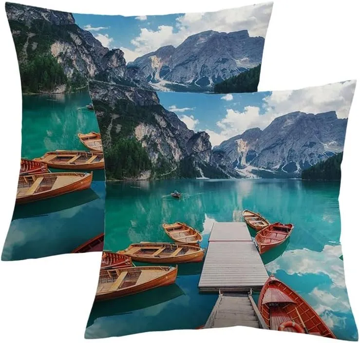 Set of 2 Decorative Throw Pillow Covers Lago Trekking Valley Tourism Di Forest Braers Famous Lake Dolomite Boat Alps Transportation Nature Cushion Case Polyetser Velvet for Fall Home Decor 18x18 Inch