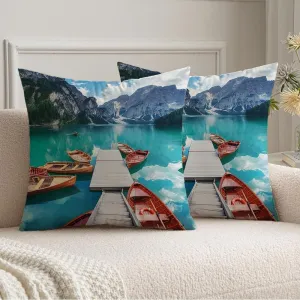 Set of 2 Decorative Throw Pillow Covers Lago Trekking Valley Tourism Di Forest Braers Famous Lake Dolomite Boat Alps Transportation Nature Cushion Case Polyetser Velvet for Fall Home Decor 18x18 Inch