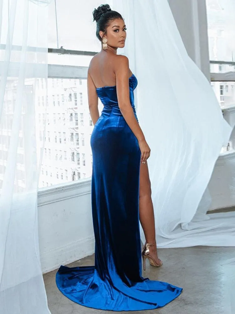 Sexy Backless Corset High Slit Velvet Evening Gown