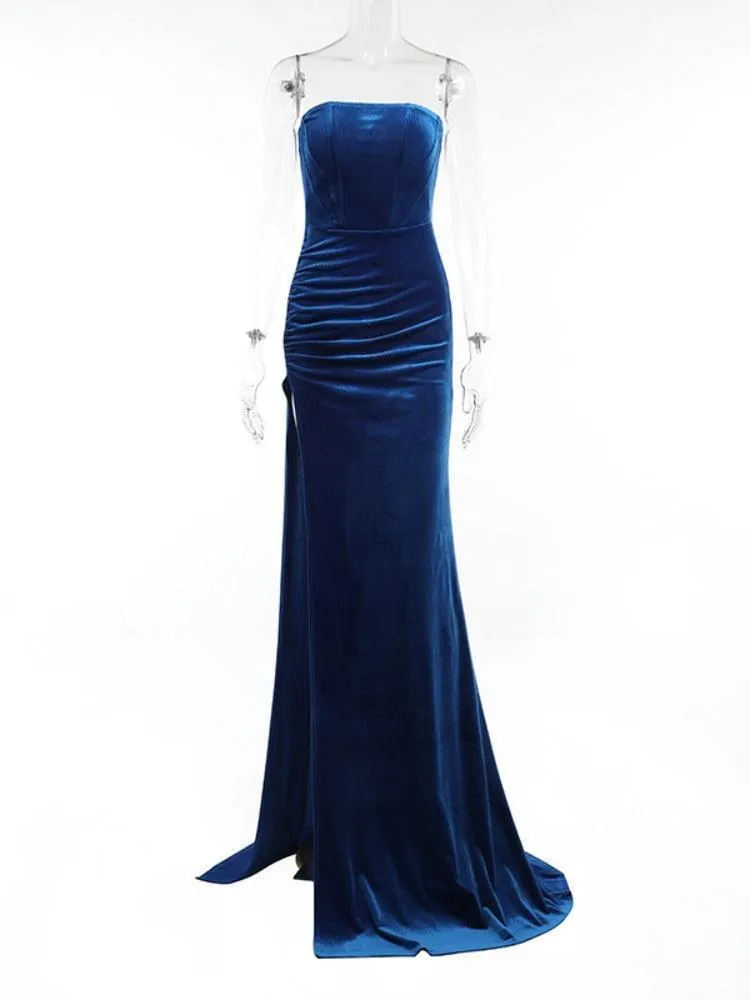 Sexy Backless Corset High Slit Velvet Evening Gown