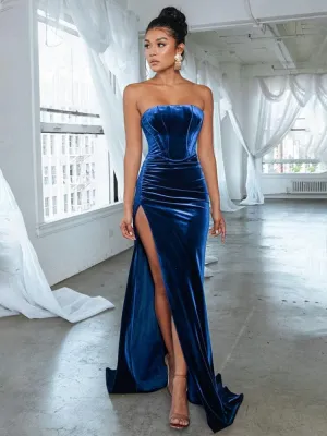 Sexy Backless Corset High Slit Velvet Evening Gown