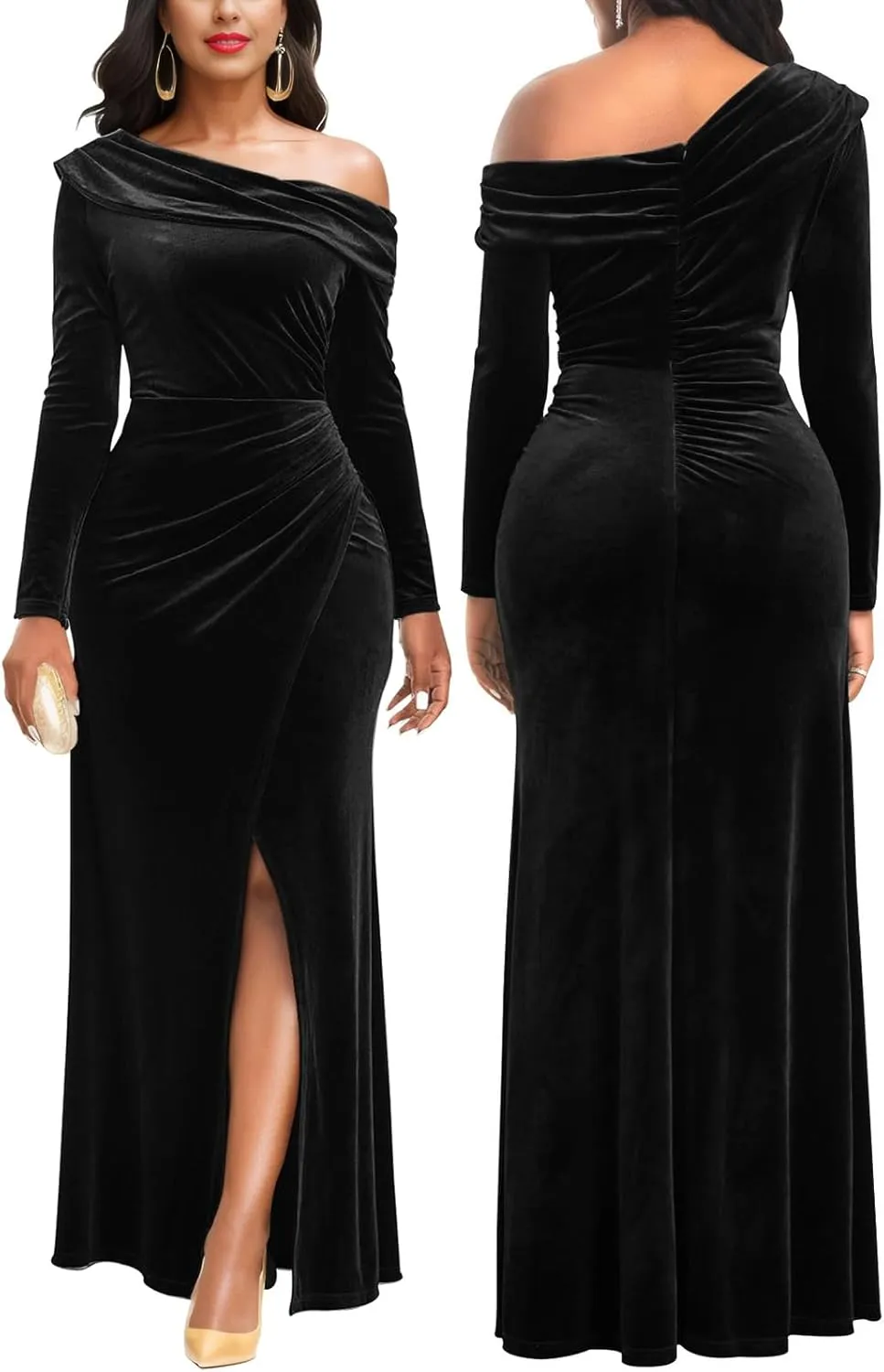 Sexy One Shoulder Gowns for Women Elegant Long Sleeve Velvet High Split Mermaid Dresses Formal Ruched Evening Party Dress