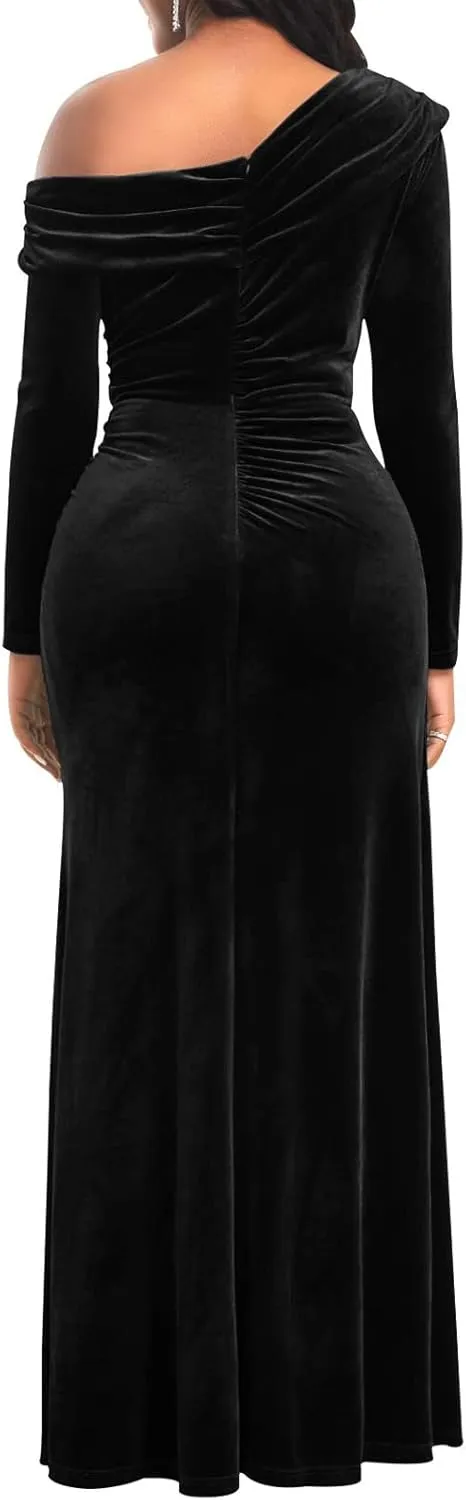 Sexy One Shoulder Gowns for Women Elegant Long Sleeve Velvet High Split Mermaid Dresses Formal Ruched Evening Party Dress