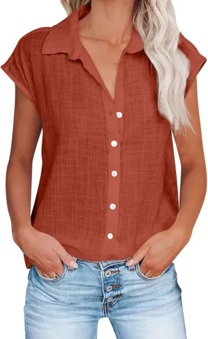 Short Sleeve Linen Tops for Women Trendy 2024 Casual Solid Color Button Down Shirts Comfy Resort Wear