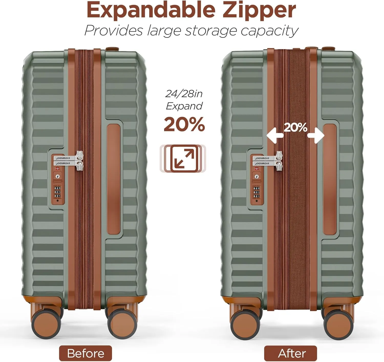 SHOWKOO Luggage Sets 3 Piece Hardside Expandable Suitcase with Double Spinner Wheels Tsa Lock, (Green, 5 piece set)