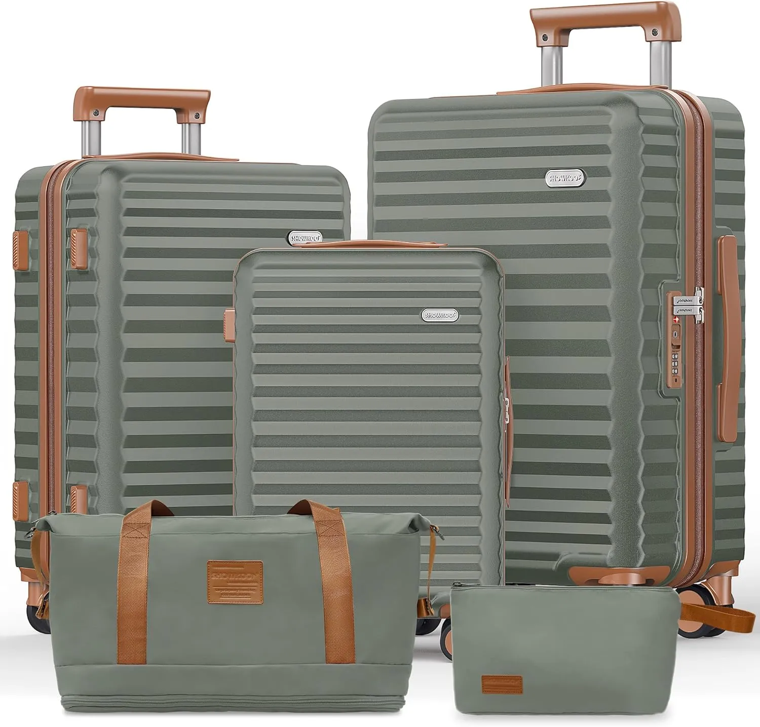 SHOWKOO Luggage Sets 3 Piece Hardside Expandable Suitcase with Double Spinner Wheels Tsa Lock, (Green, 5 piece set)